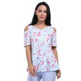Kaamastra Light Blue Floral Short Sleeve Cold Shoulder Top for Women